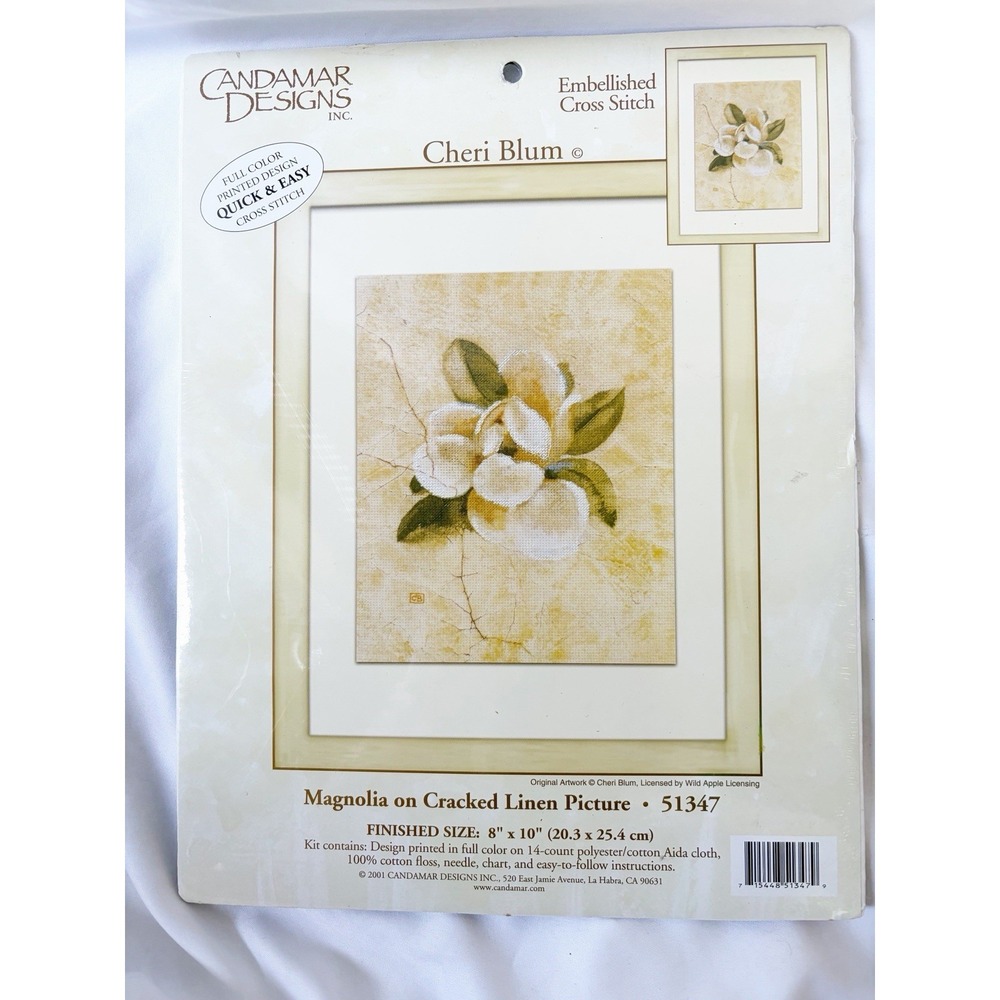 Vtg Candamar Designs Magnolia on Cracked Linen Cross Stitch #51347  Cheri Blum